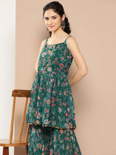 Women's Green Floral Printed Pleated Sequinned Sharara Set-AHTUSH-COMBO-656-ICH